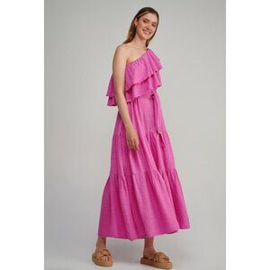 Pearl and Caviar Ruffle Dress Fuchsia/Rose One Shoulder Maxi Gauzy XS/S NO BELT